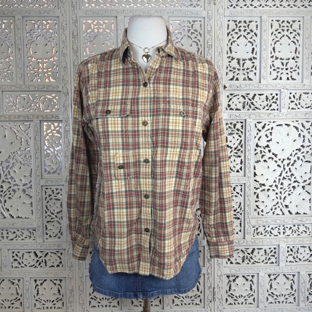 Vtg Ralph Lauren Plaid Snap Button Blouse Sz Petite S Preppy Tartan Work Career‎